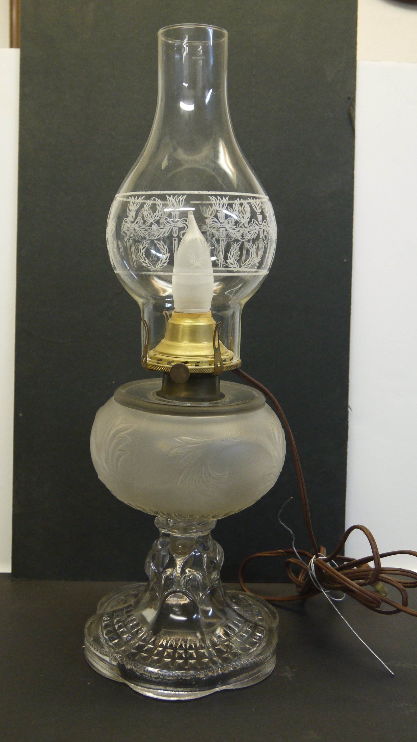 Pressed & Cut-Glass Kerosene Table Lamp with Frosted Globe Shade
